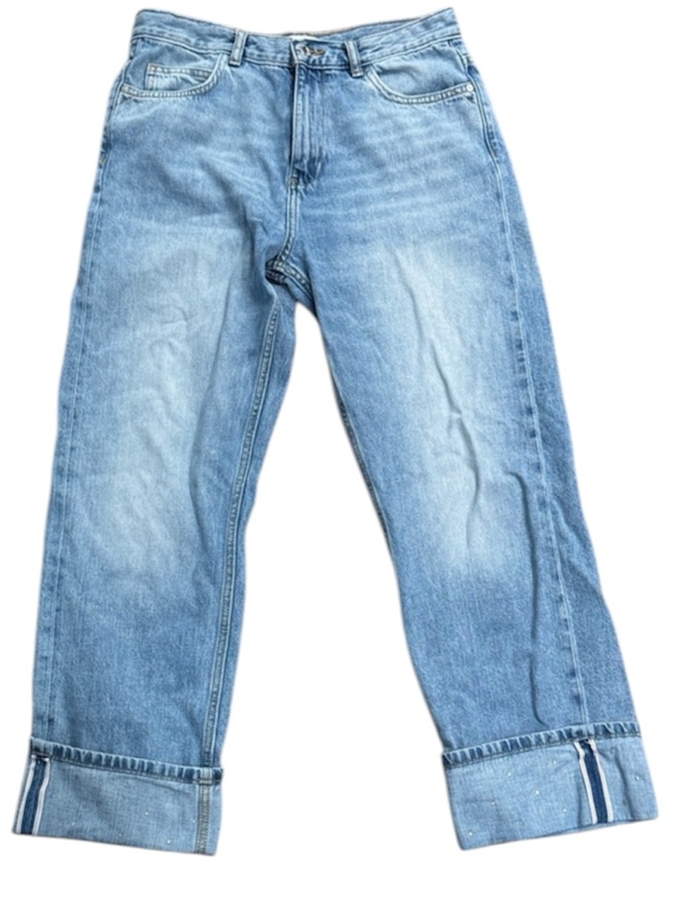 Zara Light Wash Straight Leg Jeans Cuffed Hem Embellished Size 6 - Picture 2 of 7